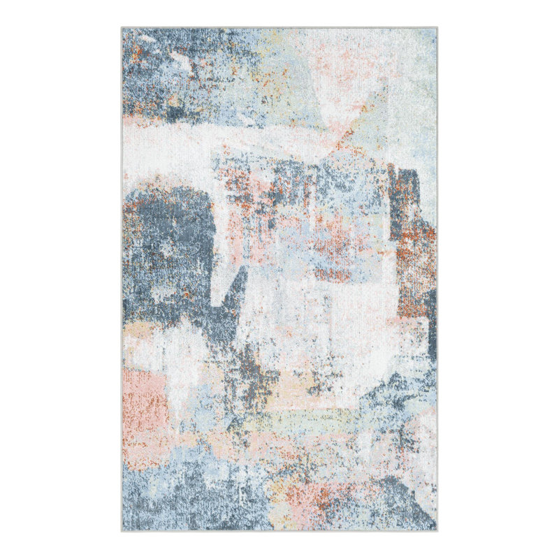 Tapis abstrait bleu / blanc / corail Trent Austin Design® Hankinson, Rectangle 4 pi 1 po x 6 pi 1 po