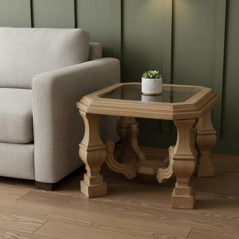 Table de bout carrée 24 "en bois clair et brun clair et verre, Marron clair