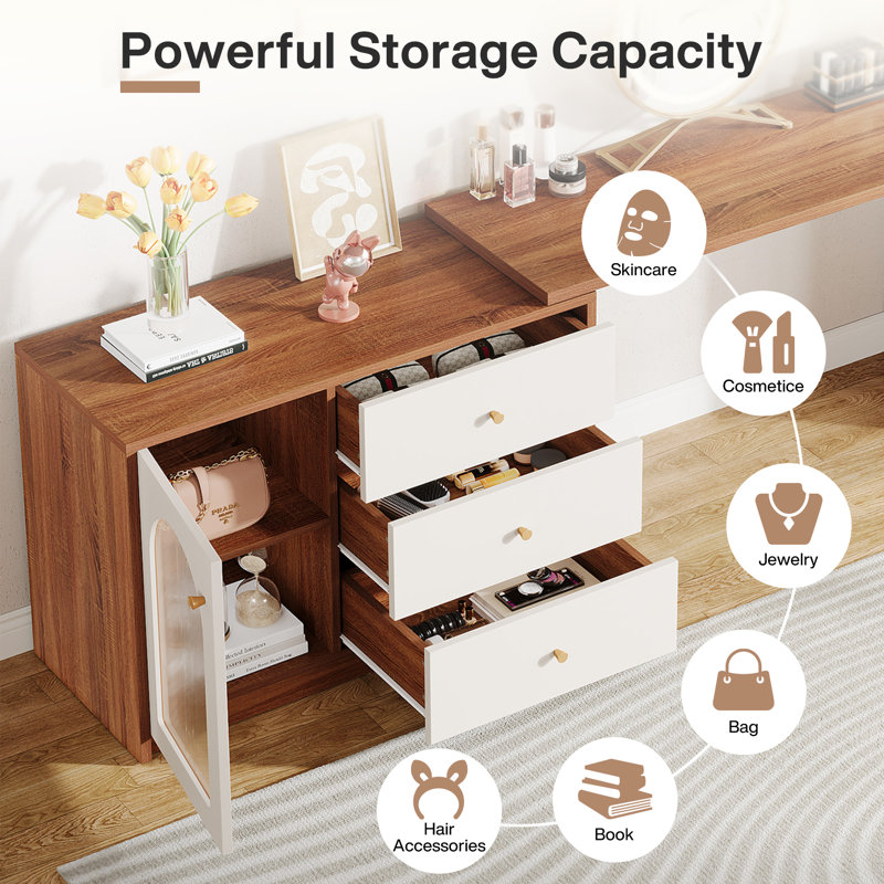Jennea Makeup Vanity Table, Corner Large Vanity Dressing Table With Reversible Drawers Cabinet, Brown