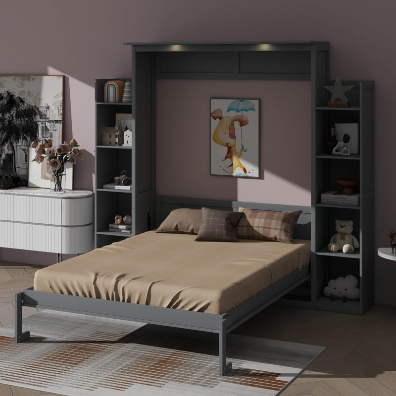 Grand lit escamotable mural avec tablettes et éclairage DEL, Gris