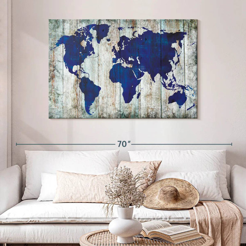 Carte du monde bleu Aliaz sur bois, H 32 po x l 48 po