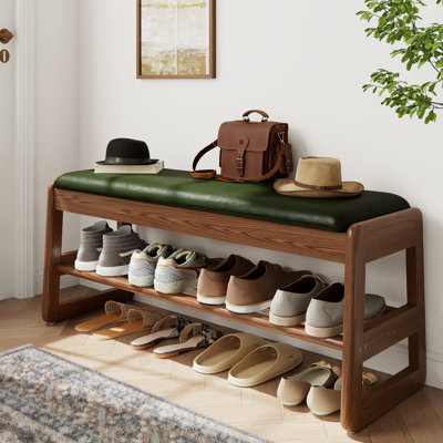 Entryway Bench with Leather Cushion, 2-Tier Entryway Bench with Flip-Top Storage Box, Small Entryway Bench for Hallway, Mudroom, or Bedroom