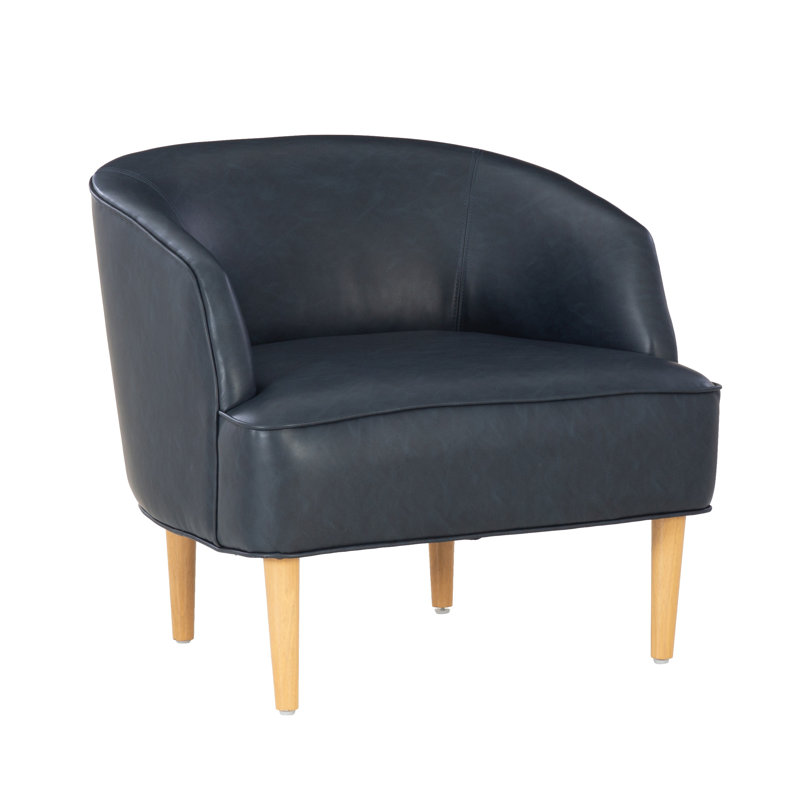 Ivayla Faux Leather Barrel Chair, Blue Faux Leather, Medium Yellow Wood