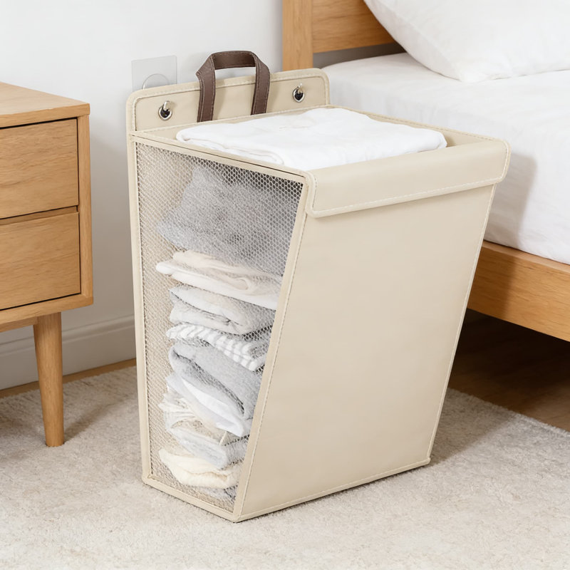 Two Large Beige Pieces,Foldable Laundry Hamper Basket For Home, Bathroom, Dorm - Multi-Functional Storage Organizer With Wall Mount Option, Made Of Breathable Linen Cotton Blend