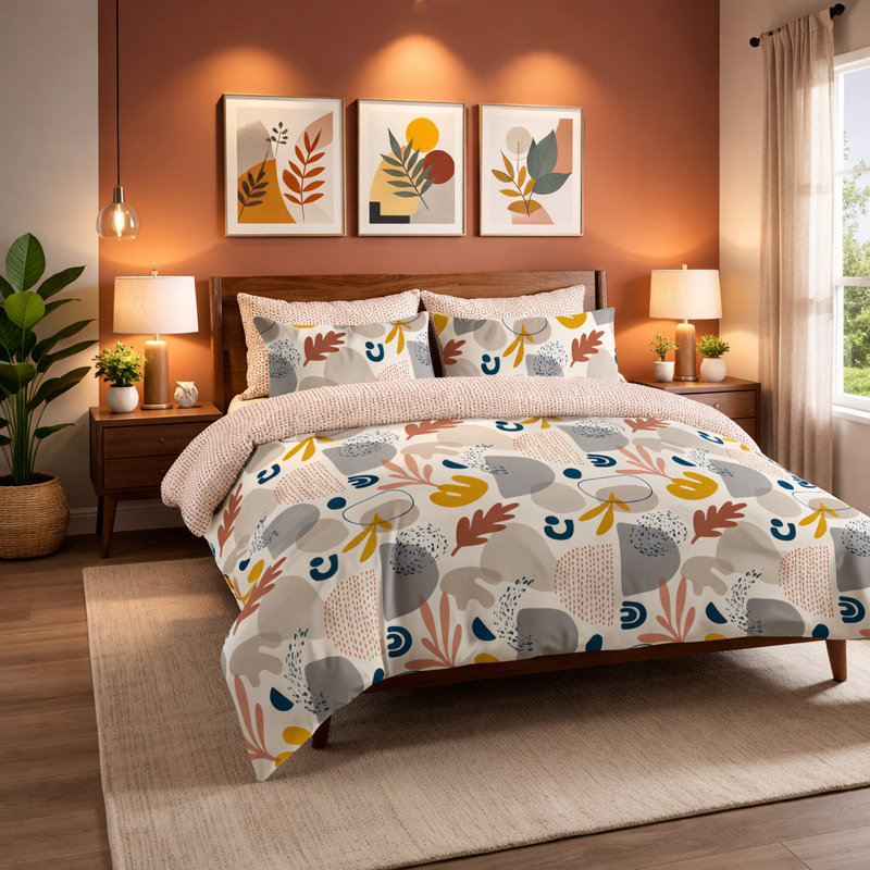 Darrington Modern Botanical Leaf Duvet Cover Set with Pillowcases Quilt Cover Soft and Breathable, Double, Yellow/Grey/Brown