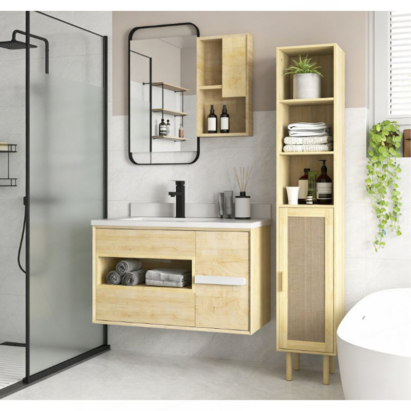 Freestanding Bathroom Storage Cabinet,Tall Bathroom Cabinet With Rattan Doors, Oak