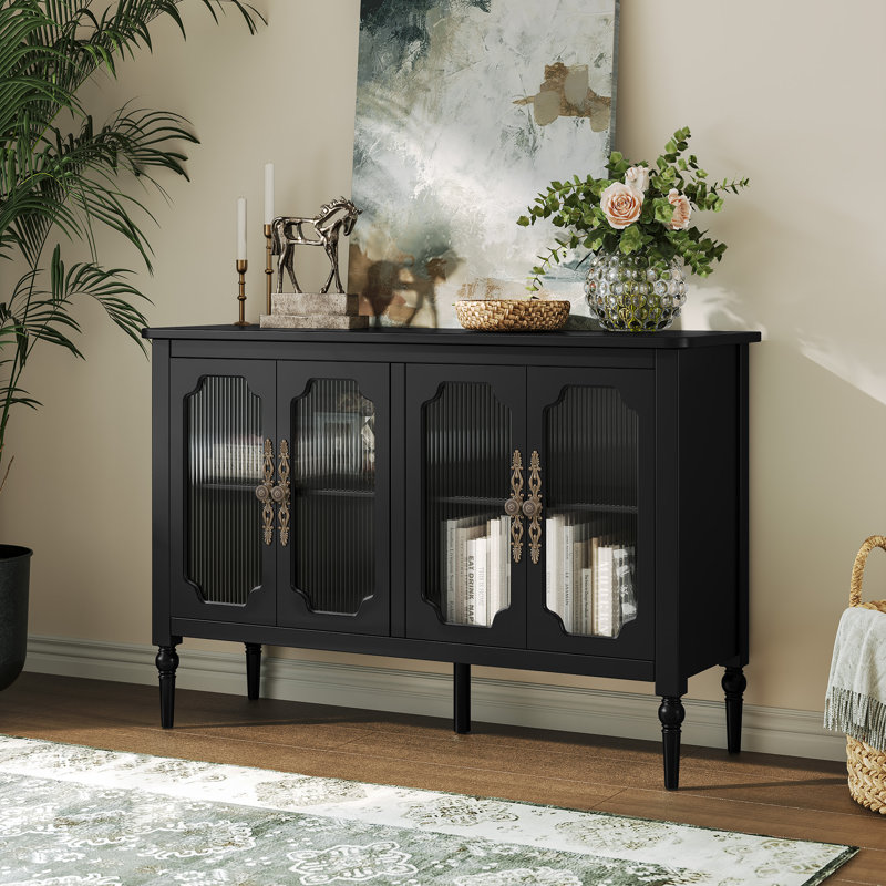 Gurbachan 48-inch Vintage Sideboard with Four Glass Doors, Black