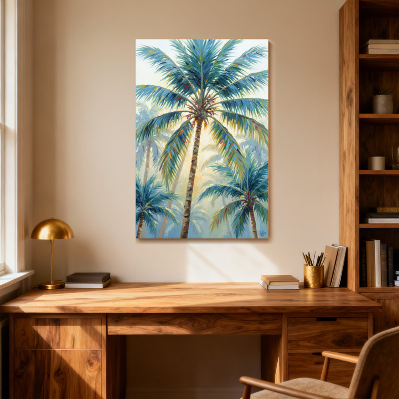 Plantes et fleurs, palmiers, ciel, bleu clair, feuilles vertes, fond de soleil, H 28 po x l 40 po