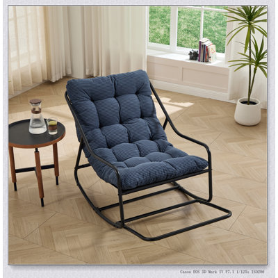 Chaise berçante d'extérieur confortable avec coussin épais ultra-doux, parfaite pour le salon, la chambre à coucher et le coin lecture, structure noire avec coussin bleu marine