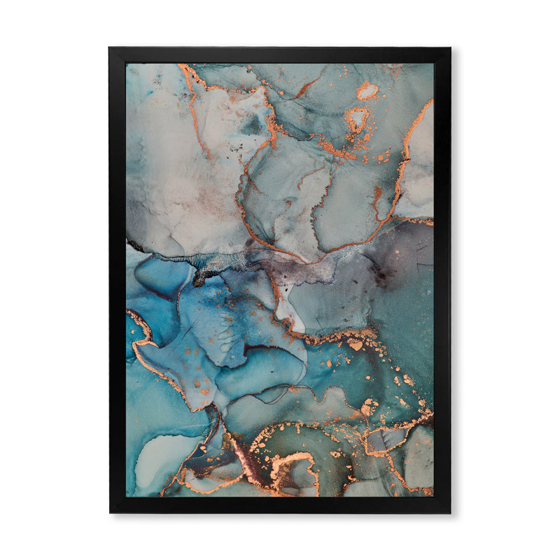 Bleu doré infusé liquide II - peinture sur toile, H 32 po x l 16 po, Cadre d'angle fermé noir