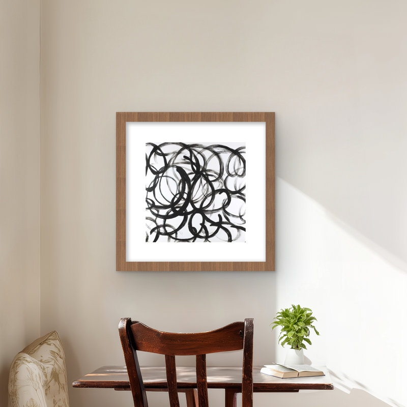 Lignes abstraites bouclées - reproduction encadrée avec passe-partout, Brun, H 16 po x l 16 po
