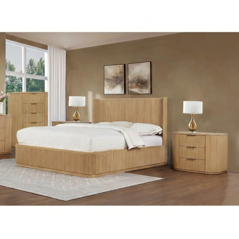 Table de chevet en bois massif cannelé, table de chevet 3 tiroirs Modern Furniture, chêne clair, Light Oak