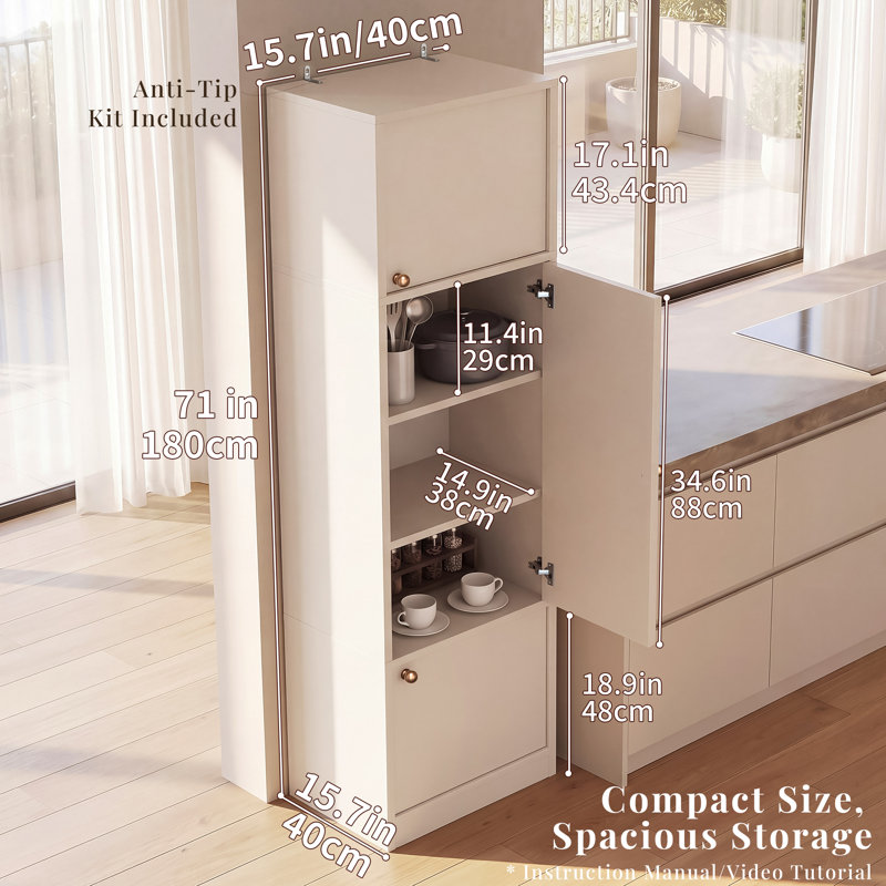 OMCMUU 71" Tall Freestanding Kitchen Pantry Cabinet, 15.7"W x 15.7"D x 71"H Narrow Storage Cupboard with 3 Doors & Adjustable Interior Shelves, Food Storage Cabinet for Kitchen Dining Room, White & Walnut Finish, Anti-Tip Kit Included