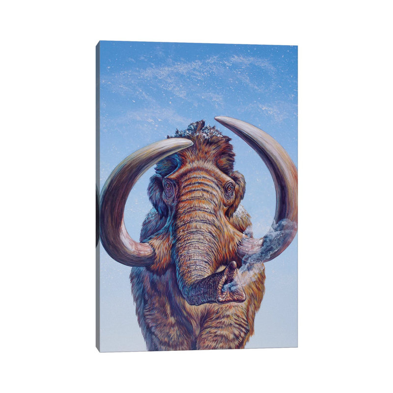 «Woolly Mammoth Charging, Pleistocene Epoch» par Mark Hallett - peinture sur toile tendue, H 18 po x l 12 po x P 1,5 po