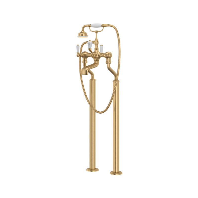 Edwardian Exposed Floor Mount Tub Filler, Satin English Gold