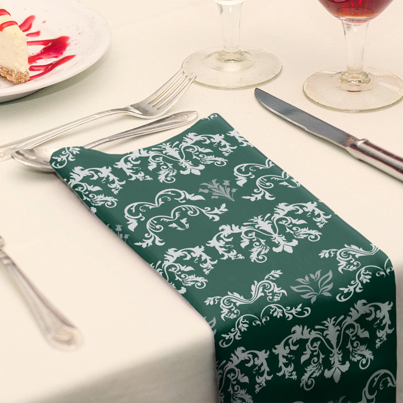 Damask Square Napkin, White/Hunter Green/Gray, Polyester