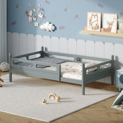 Twin Size Kids Bed Frame, Wooden Platform Bed with Safety Guardrails, Low Profile, Wood Slats, No Box Spring Needed, Grey