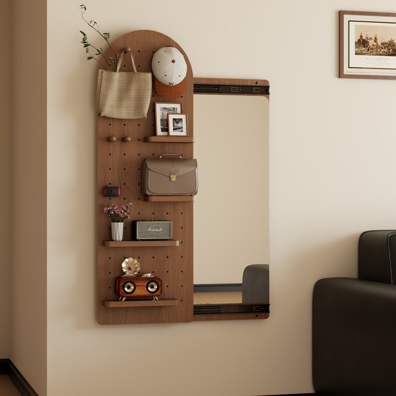 Sliding Wooden Full Body Mirror Wall Pegboard Organizer, Wall Mount Entryway Storage Shelf with Hooks & Shelves
