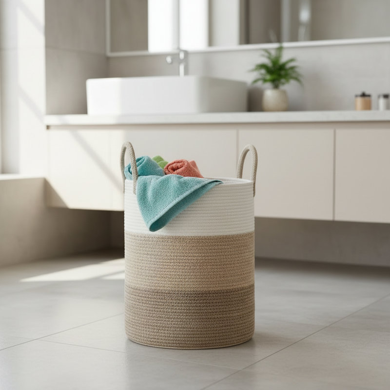 High-Quality, Stylish Cotton Rope Woven Laundry Basket, 60L Large Capacity, Suitable For Bathroom, Bedroom, Living Room, Dirty Clothes, Toys, Blankets, And Decorative Storage.