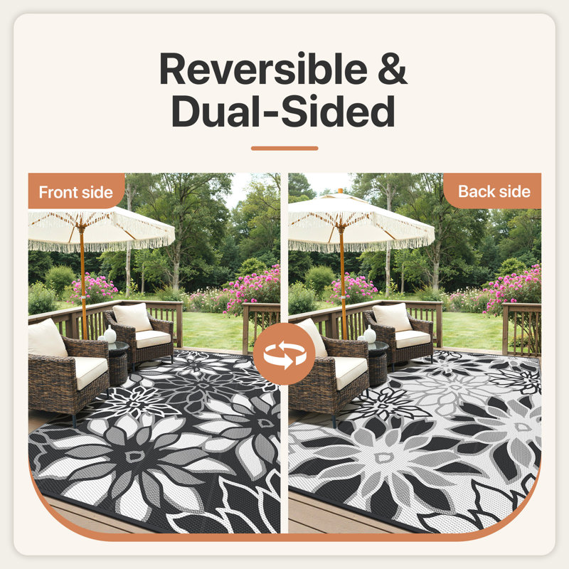 Recycled P.E.T Floral Rug, Black; White, Rectangle 5' x 8'