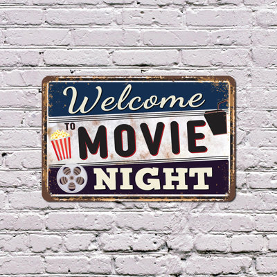 Welcome To Movie Night Vintage Style 8 Inch x 12 Inch Plastic Sign Popcorn Blankets Play Durable Weatherproof Perfect for Living Rooms Dens Home Theaters Fun Gift for Families Film Fans Friends