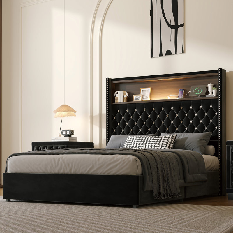 Structure de lit double capitonnée en velours pleine grandeur avec port USB et veilleuse, tête de lit haute 52 po avec rivets, lit plateforme à oreilles avec tablette de tête de lit, noir