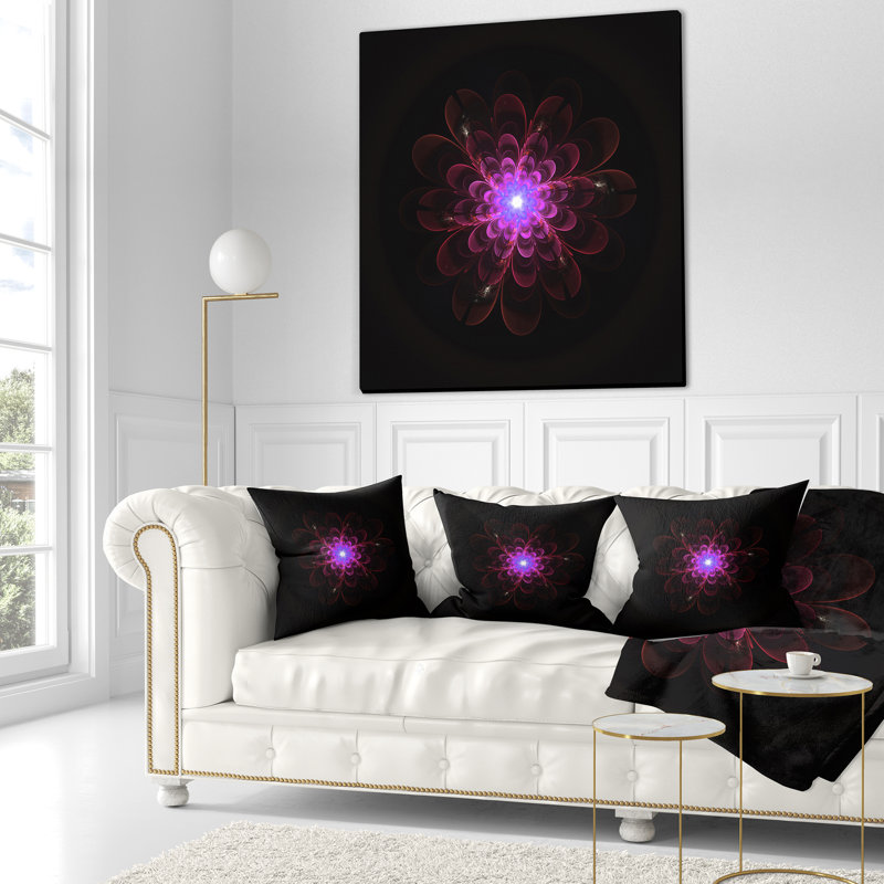Glow Fractal Flower Pink on Black - coussin à imprimé floral, 16 po x 1 po, Coussin décoratif