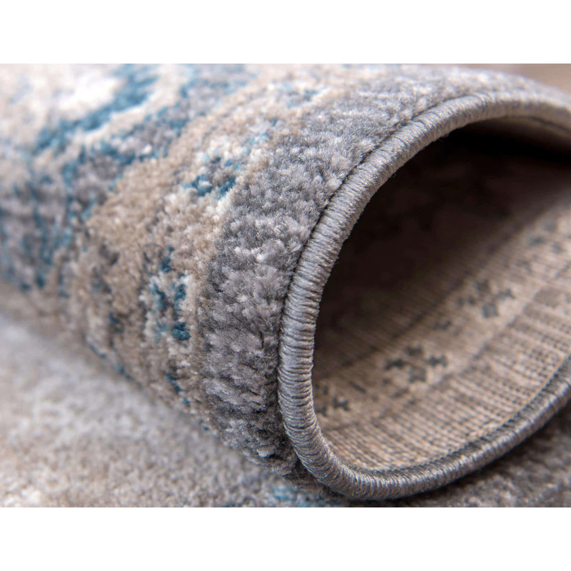 Tapis gris / ivoire / bleu Gwendolyn, Rond 6 '- 1
