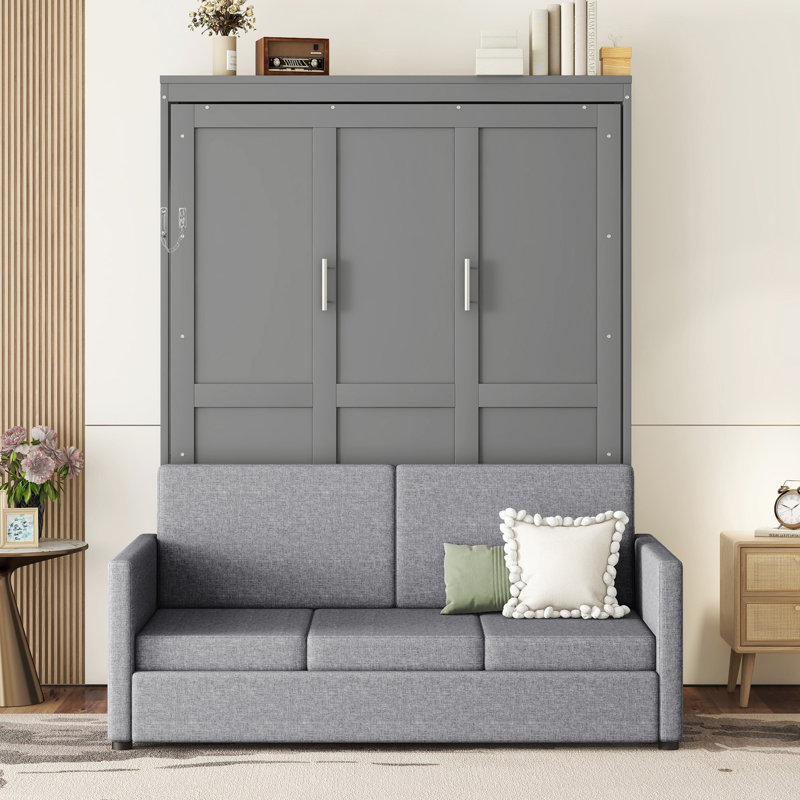 Grand lit escamotable mural avec coussin, grand, Gris