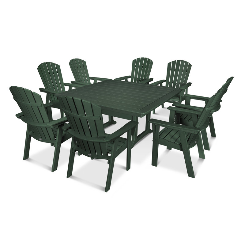 POLYWOOD Nautical Adirondack 9-Piece Trestle Dining Set, Green, 9 Pieces: Table, 8 Chairs