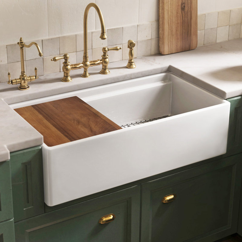 Whitehaus Collection Front Apron Single Bowl Fireclay Kitchen Sinks with Cutting Board and Grid, 36", White
