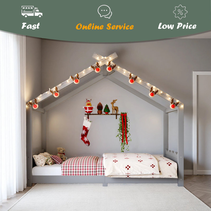 Lit de maison avec lattes de soutien, cadre de lit de maison en bois massif pour enfants, pas de sommier tapissier et structure d'ouverture
