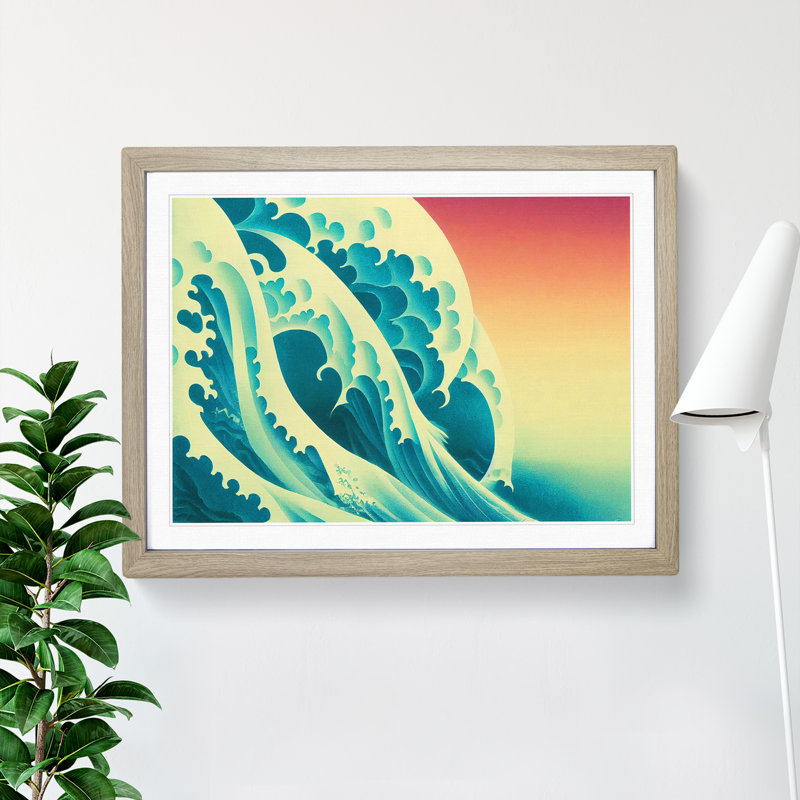 Japanese Wave Sunset - Single Picture Frame Print, 46cm H x 64cm W x 2cm D, Oak