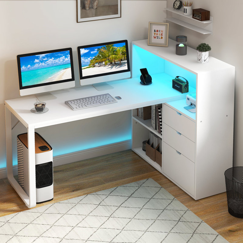 L Shaped Desk With Bookshelf and Drawer, Corner Desk with LED Lights, White