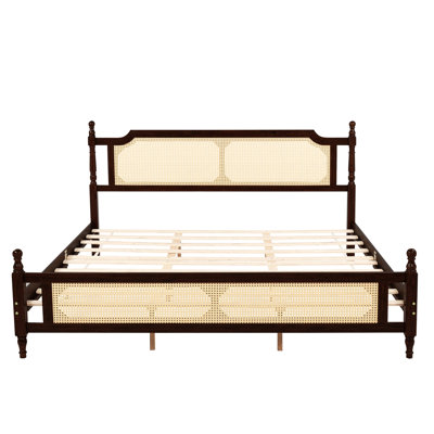 Pine wooden Bed with Upholstered Headboard and Panel Footboard,