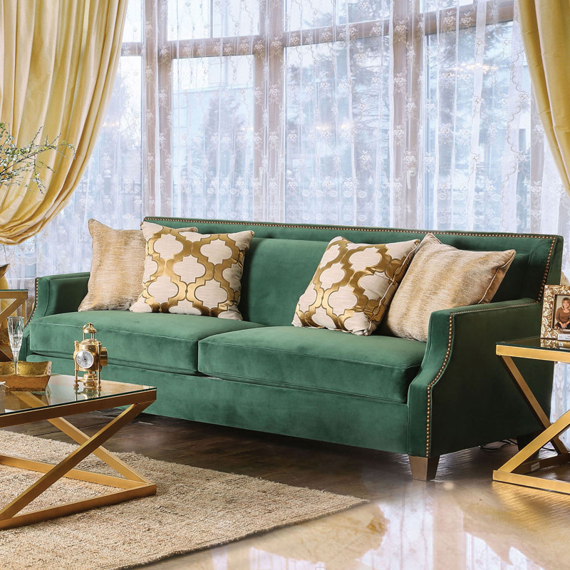 93.4" W Transitional Sofa, Emerald Green/Gold