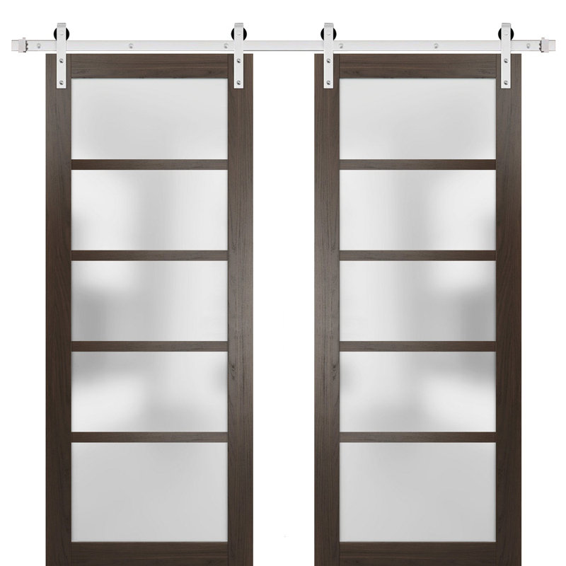 Porte de grange double robuste avec vitrage dépoli Quadro 4002, frêne chocolat, supports de rail de 4 m (13 pi), portes intérieures à panneaux massifs et lourds - 162,5 cm x 244 cm (64 po x 96 po) (2 x 81 cm x 244 cm) - Rail argenté