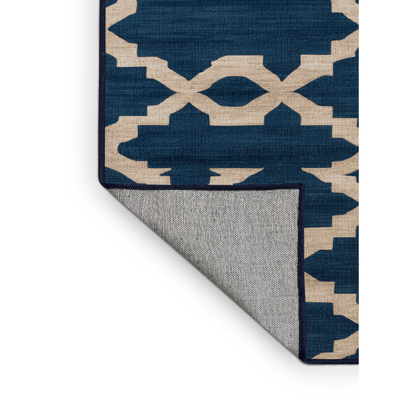 Machine Washable Trellis Blue Area Rug, Rectangle 7' x 9'