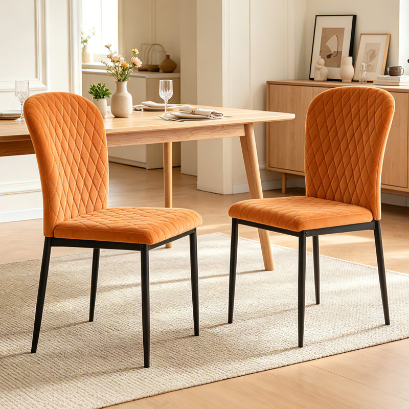 Modern Velvet High Back Upholstered Dining Chair with Diamond Stitching for Dining Room, Restaurant, Bar, Orange