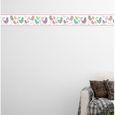 Bordure de papier peint pré-moulé - enfants, rose, vert, jaune, oiseaux bleus, fleurs, bordure rétro, 15 pi X 5,8 po
