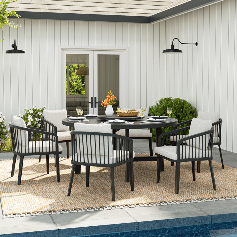 Ensemble de salle à manger pivotant en aluminium pour 6 personnes avec trou pour parasol et parasol