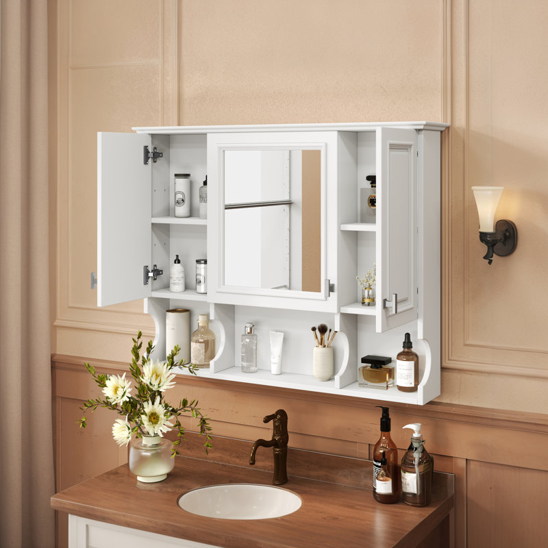 Armoire murale de salle de bain moderne 35 "x 28" avec miroir et tablettes ouvertes, Blanc