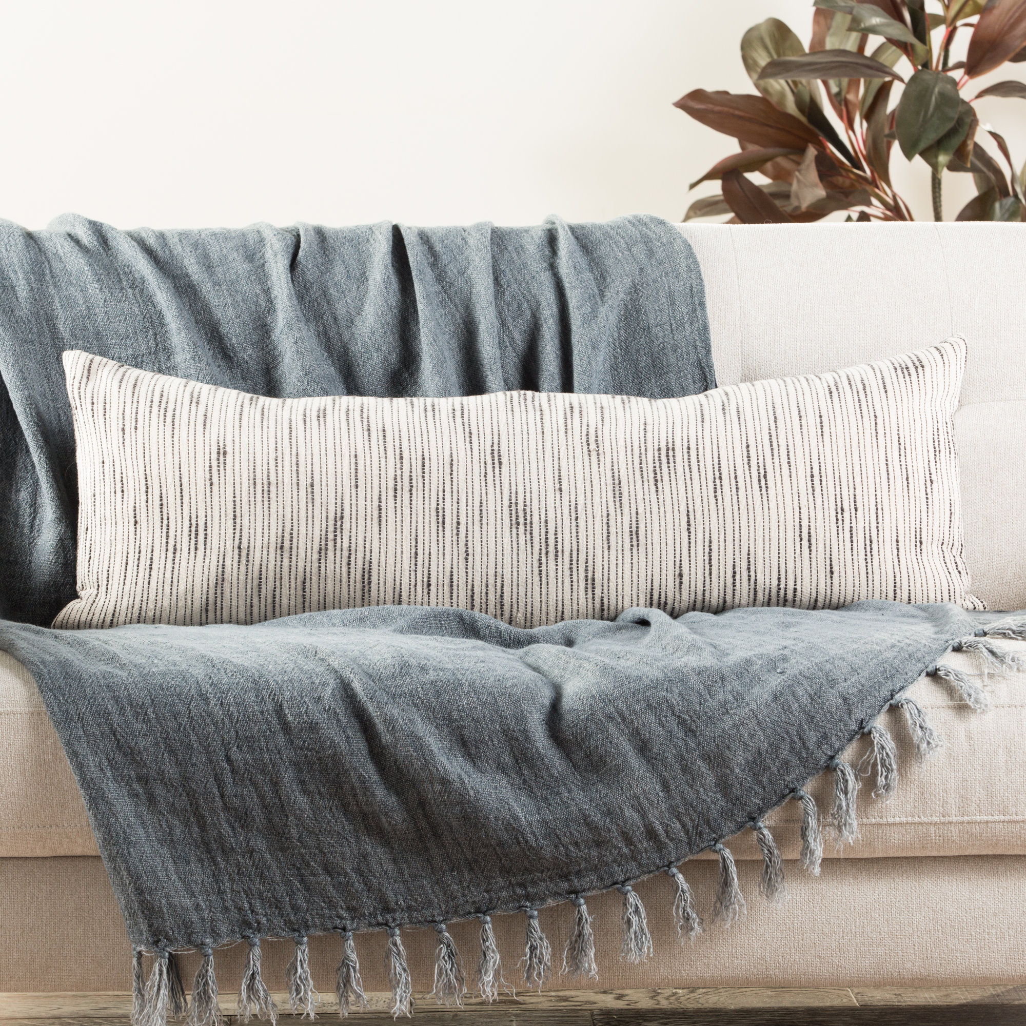 Saxon Stripe Cotton Lumbar Pillow, 14" x 40", Down