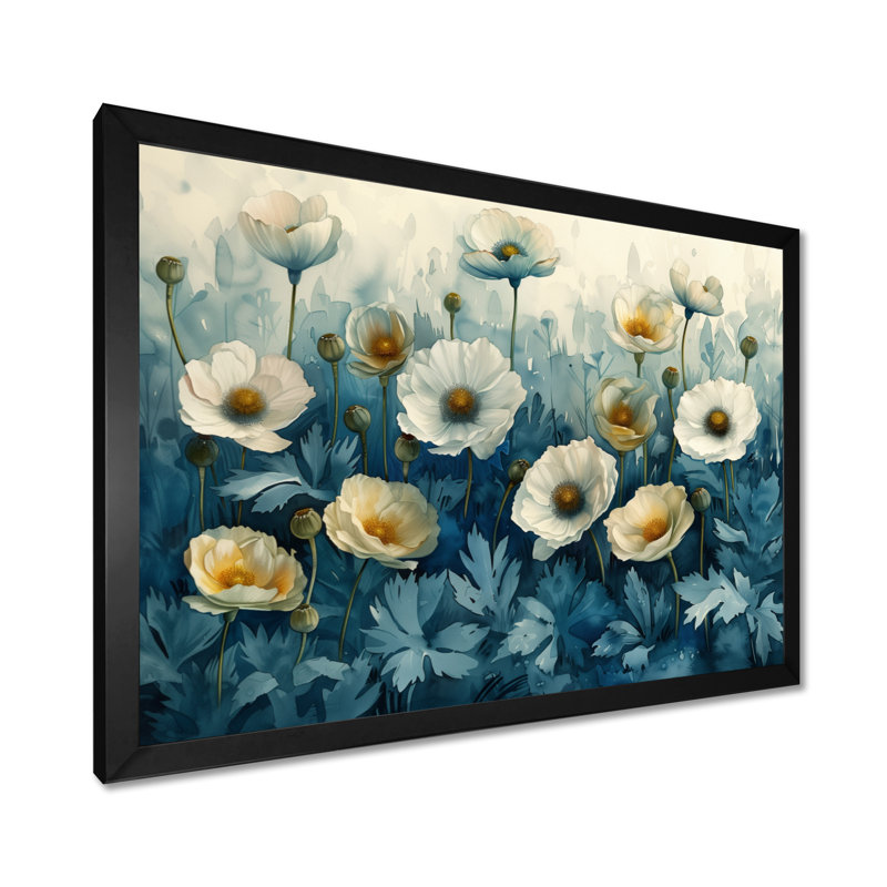 Blanc, bleu, jardin, fête, coquelicots - coquelicots, art mural, Toile encadrée noire simple, H 30 po x l 40 po x P 1,5 po