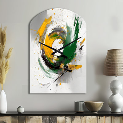 Yellow and Green Abstracted Perspectives III - Asymmetrical Modern Metal Clock, Arch Wall Clock Print