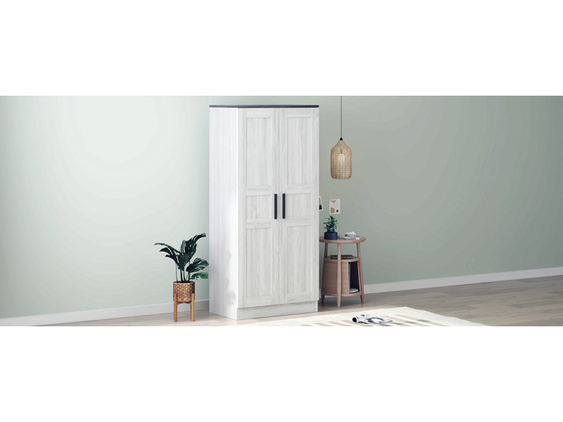 Armoire-penderie 2 portes en bois avec DEL et 4 tablettes de rangement, Blanc