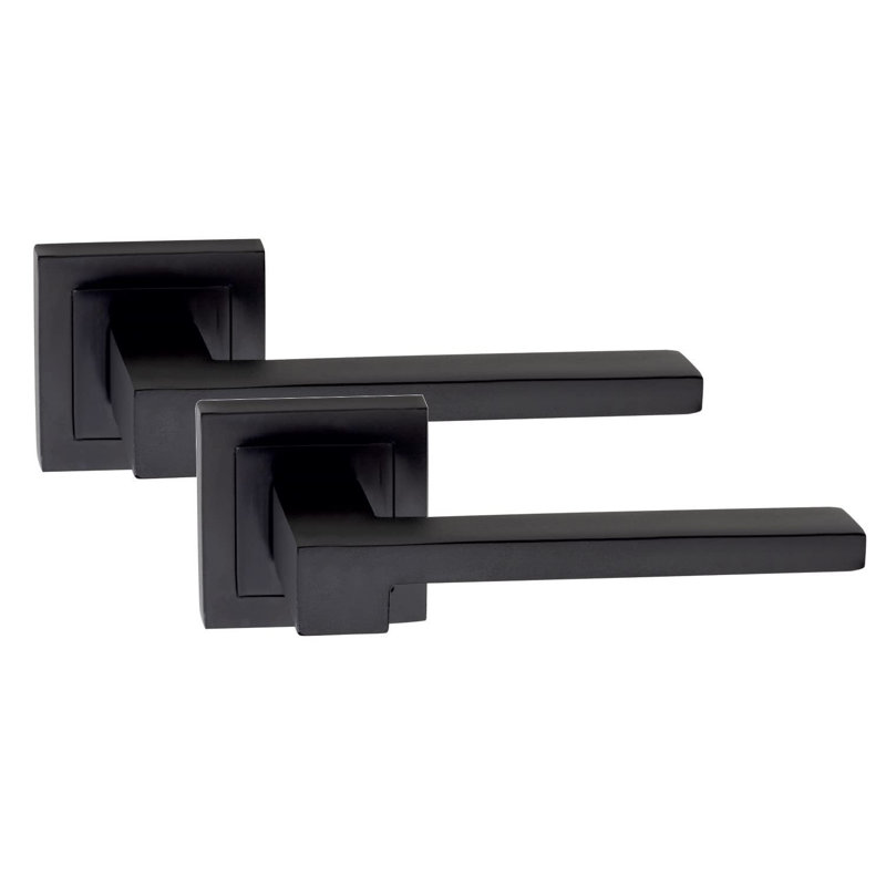  Zeta Design Door Handles Lever Latch on Square Rose in Matt Black Finish with Tubular Latch and Pair of 3" Ball Bearing Hinges