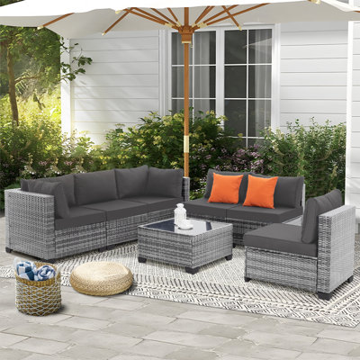 7-Piece Modular Outdoor Sectional Wicker Patio Conversation Set w/ Cushions, Coffee Table(Gray)