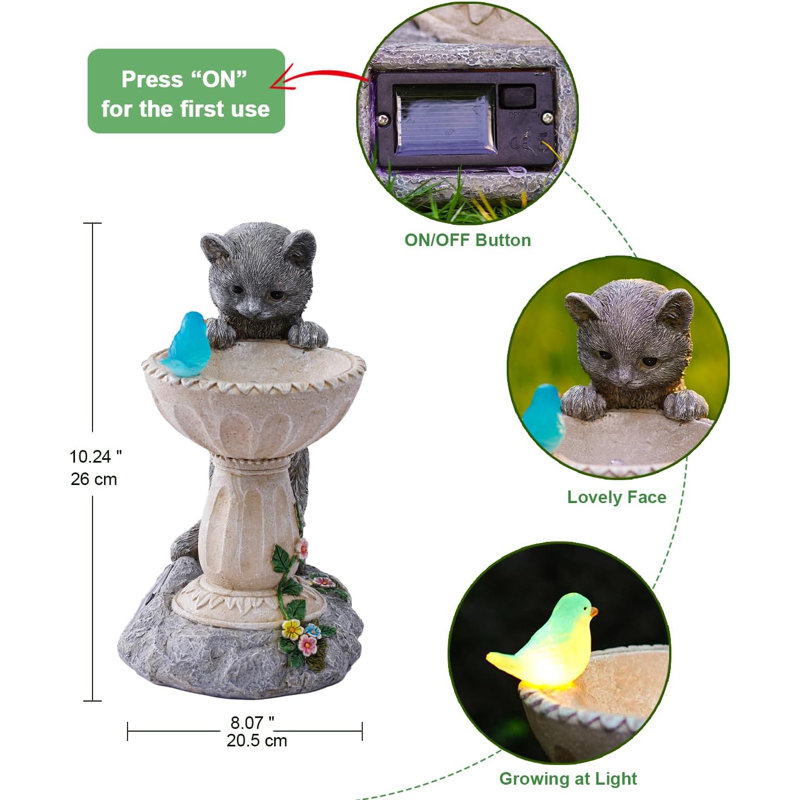 Statue solaire de jardin pour chat pour bain d'oiseaux