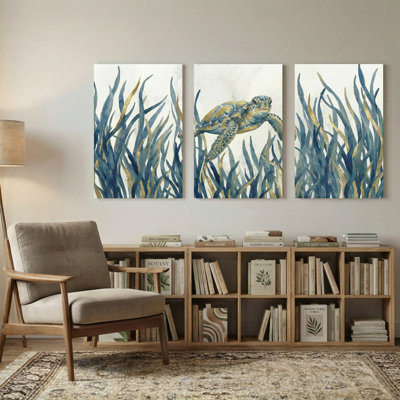 Animals Sea Turtle Among Seagrass Pattern Set of 3 Canvas Wall Art Prints